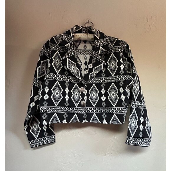 Southwest Canyon Women's Cropped Bolero Jacket Large Aztec Boho Black White
